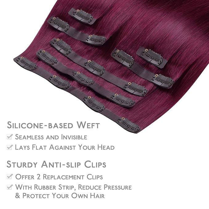 WENNALIFE Seamless Clip In Hair Extensions Human Hair, 20 Inch 150g 7pcs Light Burgundy Real Hair Extensions Clip in Human Hair Invisible PU Skin Weft Natural Remy Human Hair Extensions