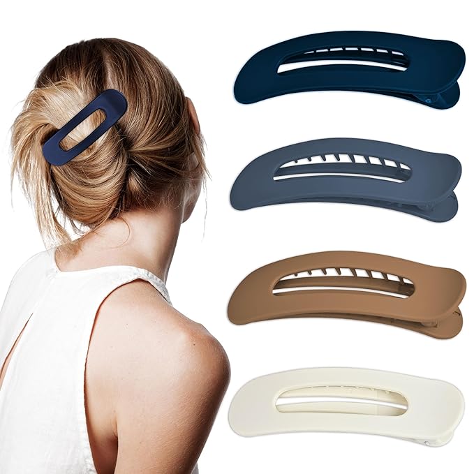 4 Pcs Flat Hair Clips for Women - Large Matte Flat Claw Clips for Thin Hair, Stylish Hair Accessories for Daily Styling, Matte Series (Navy Blue, Coffee, Gray Blue, Beige)