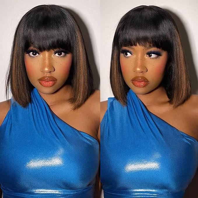 Bob Wig with Bangs Human Hair Glueless HD Lace Straight Short Bob Wig with Brown Highlights, Ready to Go Short Wigs For Women （12 Inch bob wig）