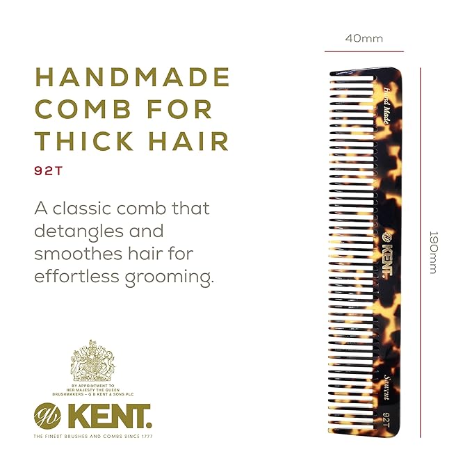 Kent 92TY Wide Tooth Women’s Detangler Comb for Curly, Wavy, and Thick Hair – Ideal for Use on Wet Hair – Gentle, Shower Comb for – Anti-Static, Smooth - Styling Tool by Kent