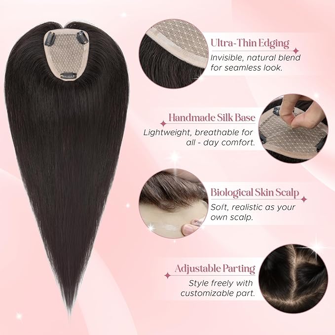 Real Human Hair Toppers for Women 3.54"*4.72" Silky Base 150% Density No Bangs Adjustable Parting Clip-In Topper Hairpieces for Women with Thinning Hair 14 Inches Natural Black
