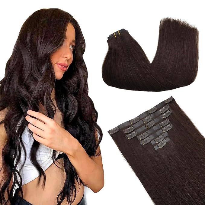 GOO GOO Clip in Hair Extensions Real Human Hair, Remy Human Hair Extensions Clip ins for Women, Natural Human Hair, 24inch 140g 7Pcs, #2A Light Brown