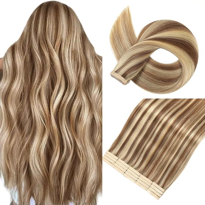 Human Hair Tape in Extensions Chestnut Brown Bleach Blonde 20 Inch Invisible Tape in Hair Extensions Human Hair for Women Hair Extensions Real Human Hair Tape in