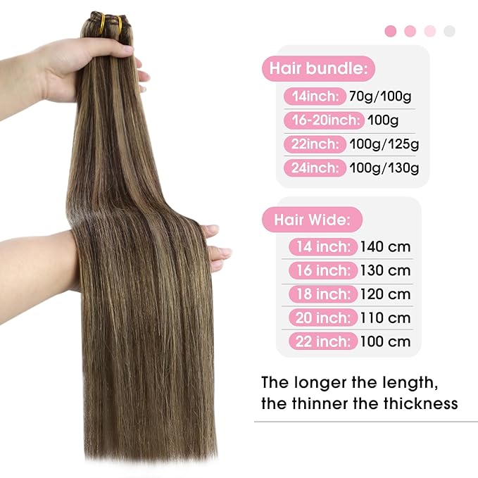 YoungSee Human Hair Sew in Extensions Brown Highlight Hair Extensions Weft Dark Brown Mix Caramel Blonde Sew in Bundles Human Hair One Piece for DIY 16Inch 100G