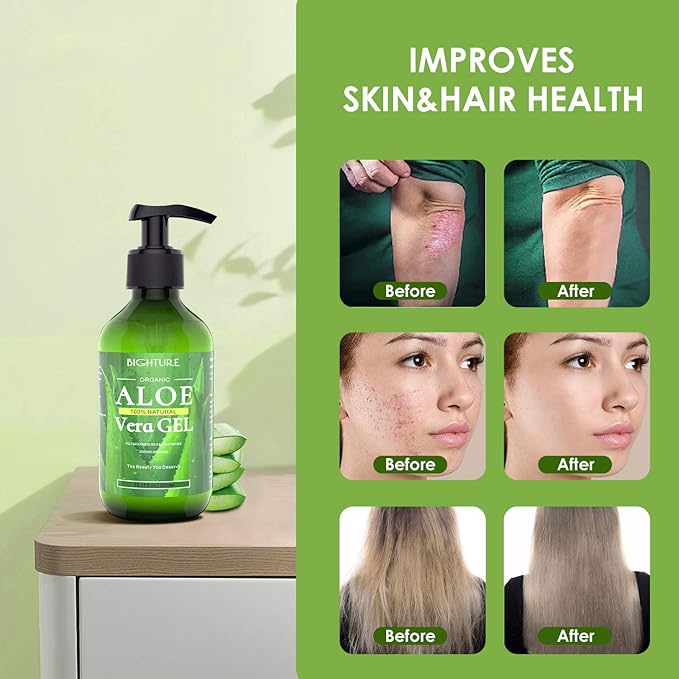 Aloe Vera Gel, 100% Aloe Vera Organic from Freshly Cut Aloe Leaves, Skin Care for Deeply & Rapidly Soothing, Firming, After Shave, Sunburn Relieve, etc