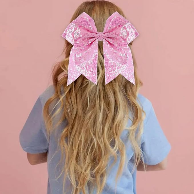 Large Big 7 Inch Glitter Bow Clip Sequin Bling Party Hair Accessories for Women Teens Girls Kids 2 Pcs (Pink, Light Purple)
