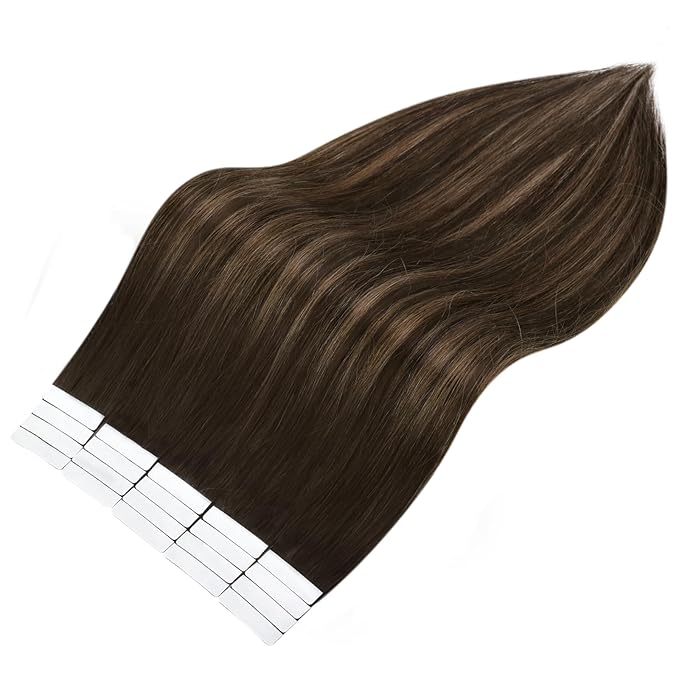 Full Shine Tape Hair Extensions Real Human Hair 22 Inch Tape in Balayage Hair Extensions Color 2 Darkest Brown Fading to 8 Ash Brown Highlight 2 Pu Human Hair Extensions Invisible Tape ins 50G 20Pcs