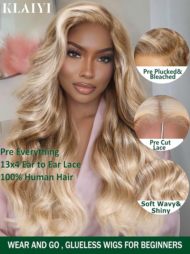 KLAIYI Ombre Ash Blonde Loose Body Wave Pre Everything Glueless 13x4 Lace Front Wigs Human Hair Balayage Precut Pre Plucked Bleached Bye Bye Knots 30S Ready to Wear and Go Wig Beginner Friendly 26Inch