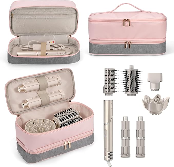 Travel Carrying Case for Shark Flexstyle FlexFusion Revlon Hair Dryer Airwrap, Portable Double Layer Shark Hair Tools Storage Organizer Bag for Airwrap Styler and Attachments, Pink Gray-Bag Only
