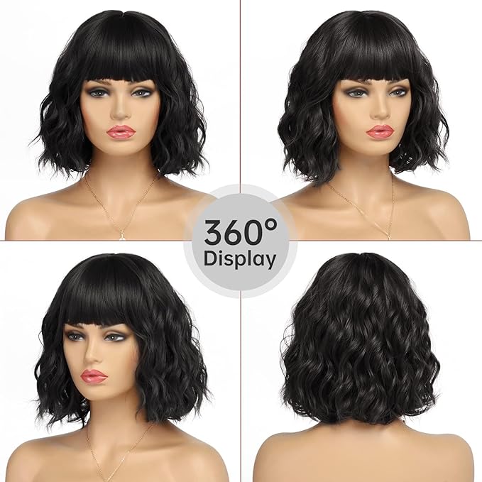 Short Black Bob Wig With Bangs Synthetic Natural Hair Wigs for Women Shoulder Length Wavy Wig 1B Water Wave(14Inches)