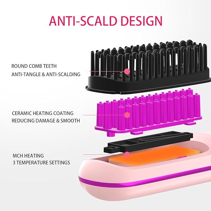 Cordless Hair Straightener Brush for Travel, 200 Million Negative Ionic Portable Hair Straightener Comb for Women with LED Display & 3 Temps, 30s Fast Heating USB Charging Smooth Frizz(Pink