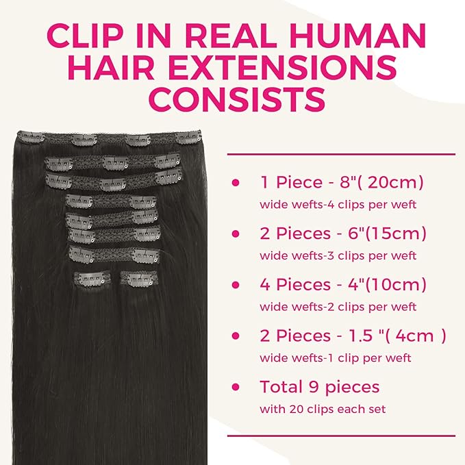 Lashey Real Human Hair Clip in Extensions, 9pcs 150g Straight 16 Inch #1B Natural Black Hair Extensions for Women