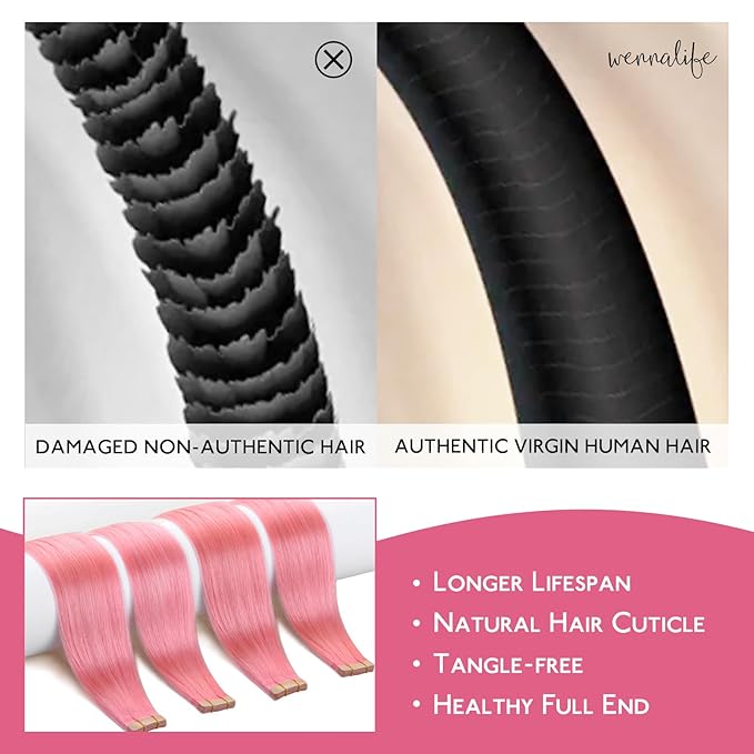 Wennalife Tape in Hair Extensions Human Hair Peach Pink Tape in Extensions, 10pcs 30g 20 inch Remy Invisible Tape Ins Straight Colored Soft Real Human Hair Tape in Extensions Refill Set Extensions