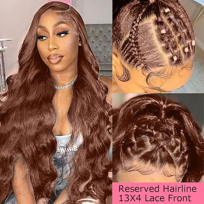 200% Density Chocolate Brown Human Hair Wigs 13x4 Body Wave Lace Front Wig Pre Plucked Chestnut Brown Colored Human Hair Wigs For Women HD Transparent Lace Front Wig 24 Inch