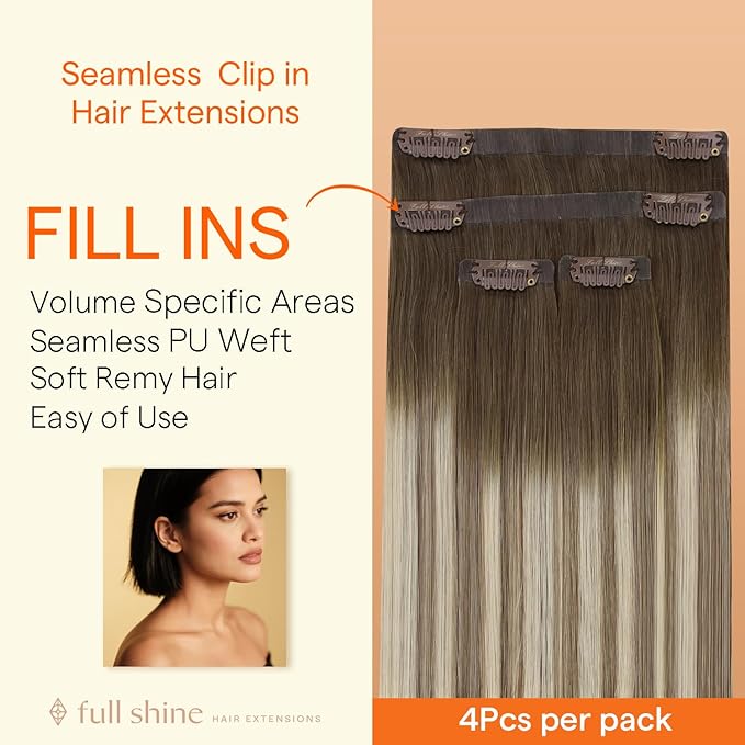 Full Shine Seamless Clip in Hair Extensions Real Human Hair, Darker Brown to Ash Brown Highlight Medium Blonde Clip in Extensions with PU Weft for Women, 4Pcs 16Inch 65 grams