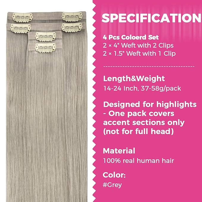 Lashey Seamless Clip in Hair Extensions Human Hair 4pcs 48g Grey Straight Hair Extensions Clip ins for Black Women 20 Inch Long