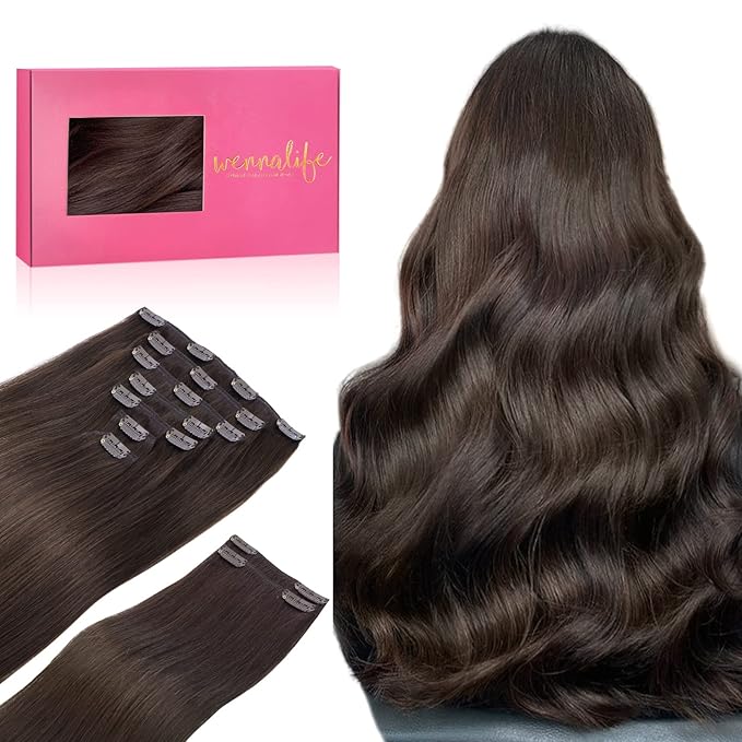 WENNALIFE Clip in Hair Extensions, 18 Inch 150g 9pcs Real Human Hair, Light Dark Brown Remy Hair Extensions Clip Ins Double Weft