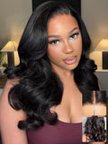 KLAIYI Pre Everything Glueless Layer Side Part Loose Body Wave 13x4 Lace Front Wigs Human Hair Drawstring Curtain Bangs Face framing Pre Bleached Knots Pre Plucked 3S Ready to Put On and Go Wig 20Inch