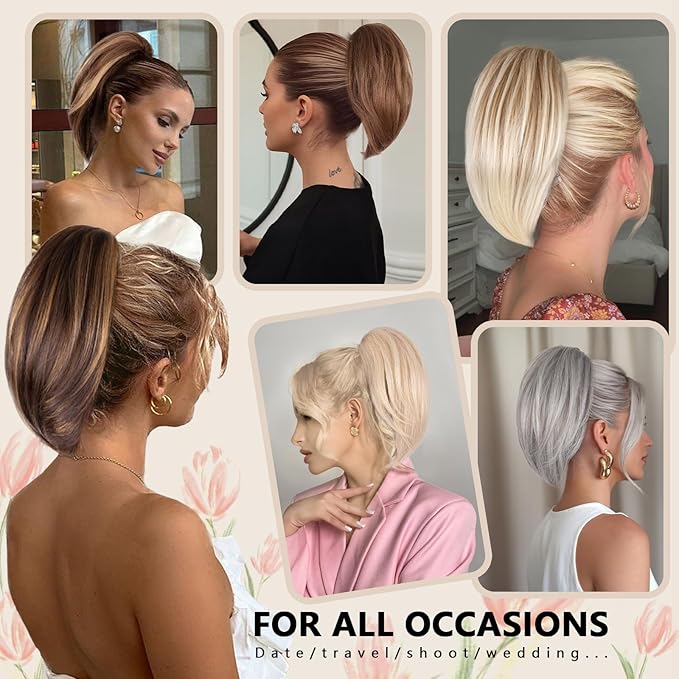 10 Inch Short Ponytail Extension - Soft Straight Pony Tails Hair Extensions, Claw Clip Ponytail Extension, Natural Short Synthetic Hair Pieces for Women (Color: Light Ash Brown Mixed White)