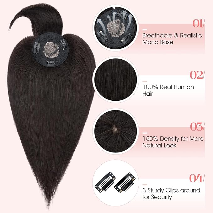 Hairro Mono Hair Toppers with Bangs, 3.4" x 3.4" Mono Base 100% Real Human Hairpieces for Women, 150% Density Clips In Topper for Greyish Thinning Hair, 10 Inch Natural Black