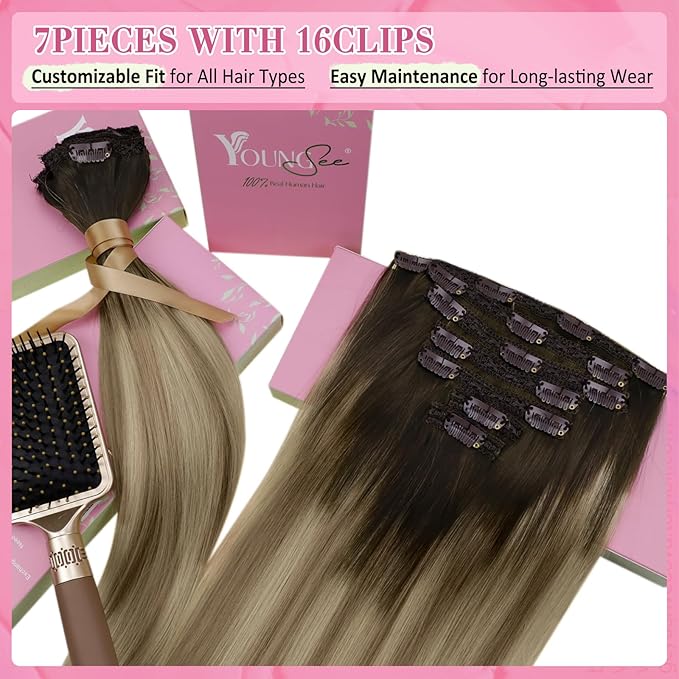 YoungSee 150G Balayage Clip in Hair Extensions Real Human Hair Ombre Hair Extensions Clip ins Walnut Brown Ombre Light Brown with Blonde Clip on Hair Extension for Women 20inch 7pcs