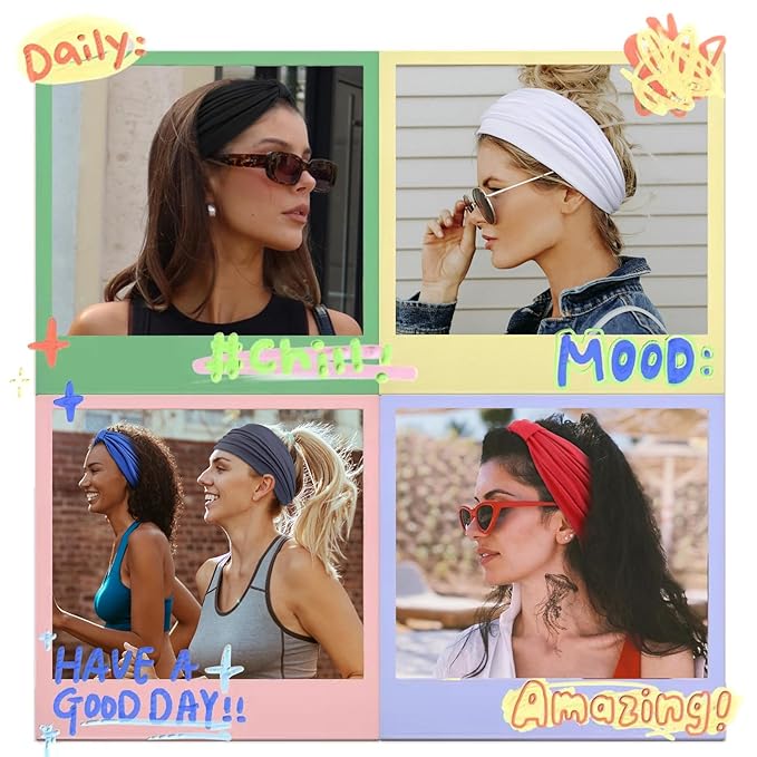 Huachi Headbands for Women, Wide Elastic Head Bands Non Slip, Thick Workout Headband Sweat Bands, Soft Large Knotted Hair Band Turban Headwraps for Washing Face, Makeup, Sport, Running(Pack of 6)