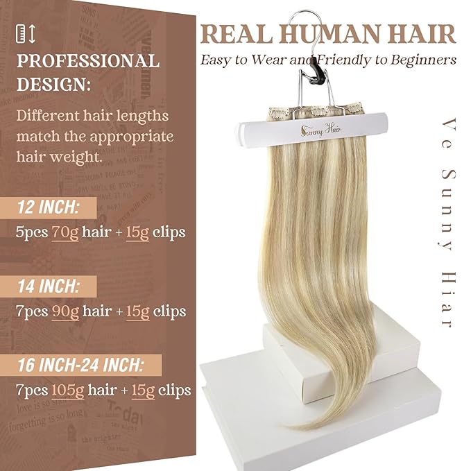 Ve Sunny Real Hair Extensions Clip in Human Hair Double Weft Remy Hair Extensions Clip in Extensions Human Hair for Women Full Head Dark Blonde Highlights Golden Blonde 7pcs 20 inch 120g