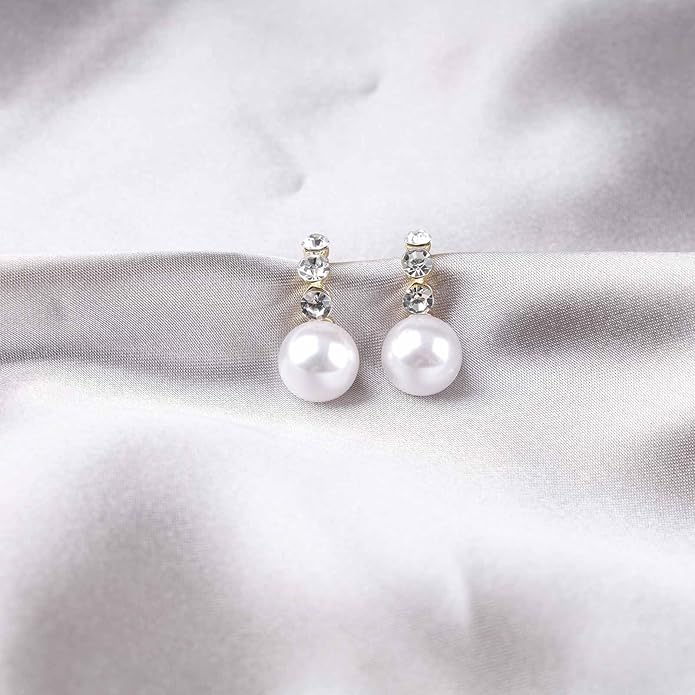 Vintage Rhinestone Pearl Drop Earrings Gold Pearl Dangle Earrings Crystal Stud Earrings Sparkly Cz Pearl Earrings Jewelry for Women