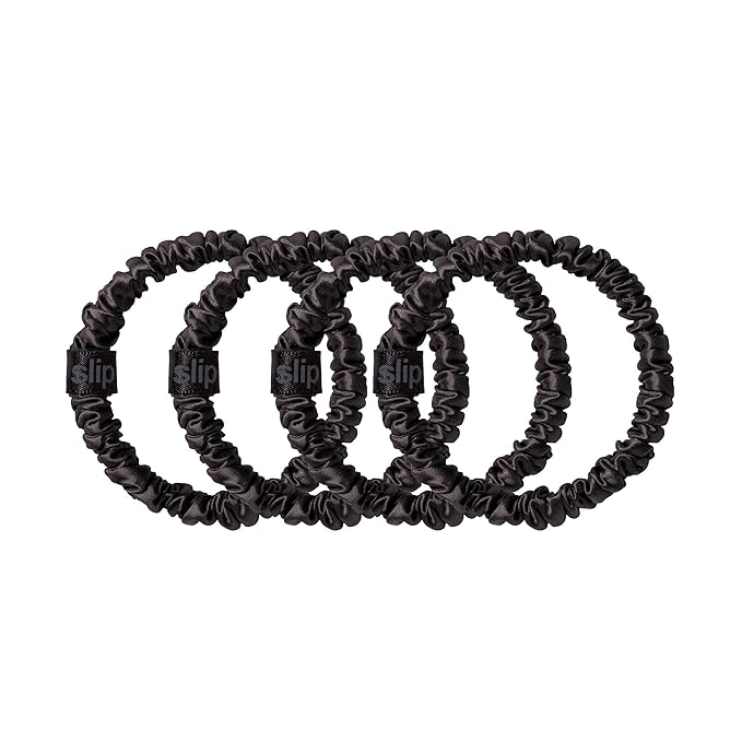 slip Silk Skinny Scrunchies - Black | Set of 4 Skinny Scrunchies | 100% Mulberry Silk, Anti-Crease, Gentle on Hair, Reduces Breakage | Stylish & Durable, Ideal for All Hair Types