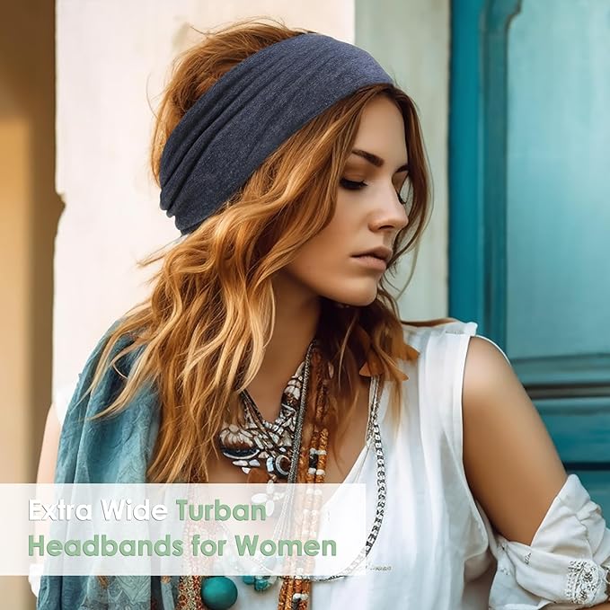 Extra Wide Headbands for Women, 7'' Large Cotton Like Turban Knotted Bandana Head Bands for Women Non Slip, Boho Headbands for Women's Hair (6Pcs Dark Colors, Extra Large 7" Wide)