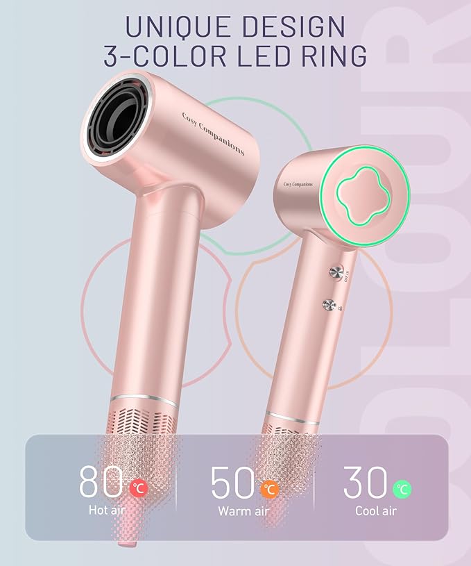 Cosy Companions Hair Dryer - 150000 RPM High-Speed Brushless Motor Negative Ionic Blow Dryer for Fast Drying, Low Noise Thermo-Control Hair Dryer with Diffuser and Nozzle, Gleaming Pink