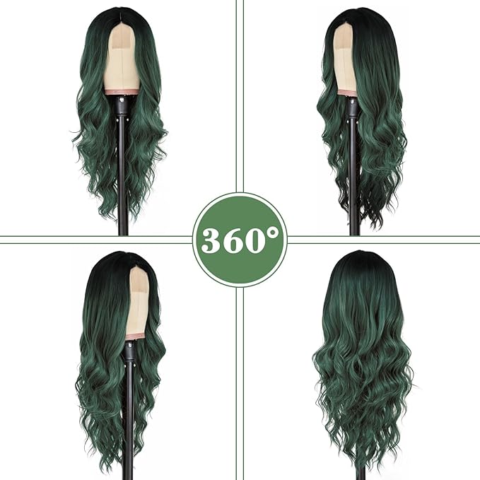 NAYOO Long Ombre Green Wavy Wig for Women 26 Inch Middle Part Curly Wavy Wig Natural Looking Synthetic Heat Resistant Fiber for Daily Use (Ombre Green)