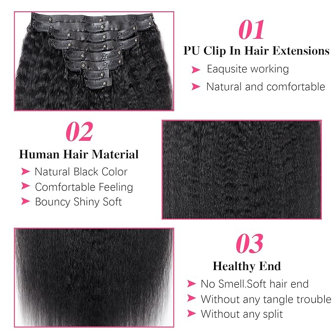 New Seamless Kinky Straight Clip In Hair Extension Real Human Hair 16 Inch PU Weft Kinky Straight Clip Ins Human Hair Clip on Hair Extensions 8pcs with 18Clips Per Set 120g