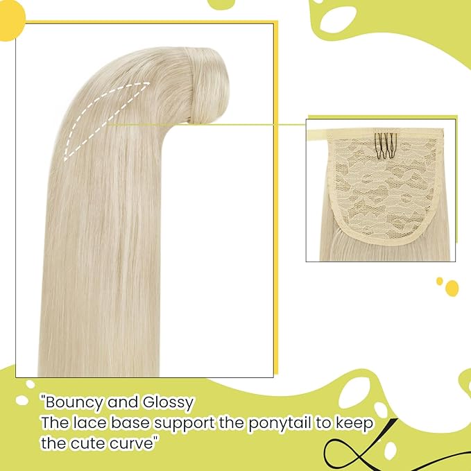 RUNATURE Ponytail Extension Real Human Hair, Platinum Blonde Ponytail with Magic Paste, Easy to Install, Soft Natural Human Hair Ponytail for Women, Thick Ends 12 Inch 70g #800
