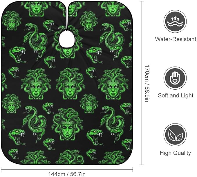 Large Long Professional Barber Cape, Hairdressing Apron Greek Goddess Snake Queen Medusa Green Art Shampoo Cutting Household Capes Wrap for Hair Salon