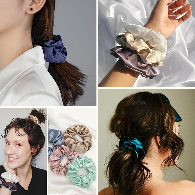 LILYSILK Silk Scrunchies for Frizz & Breakage Prevention - Mulberry Silk Ponytail Holders, Elastic Hair Ties, 5Pcs, Random Color