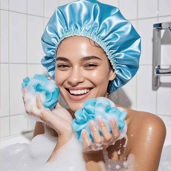 Smilco 2 Pack Shower Caps for Women, Reusable Waterproof Double Layer Bath Cap, Large EVA Elastic Hair Cover for Shower, Fits Long Hair & Braids, for Spa & Home