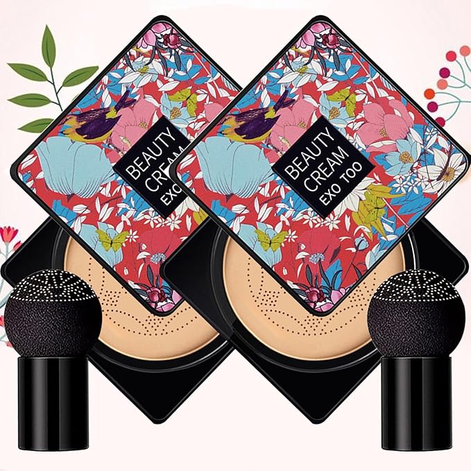 2 Pack Beauty Cream EXO TOO Foundation, Beauty Cream Makeup Base, Moisturizing, Long Lasting Matte Air Cushion CC Cream Concealer with Two Mushroom Head Sponges