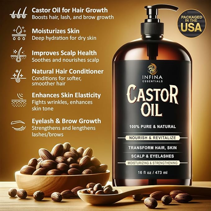 Pure Cold Pressed Castor Oil - Hexane Free, Glass Bottle for Hair Growth, Face, Scalp, Skin & Eyelashes - Nourishing and Moisturizing - 16 fl oz