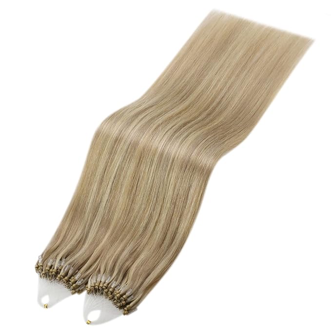 YoungSee Micro Link Hair Extensions Human Hair Blonde Microbead Hair Extensions Human Hair Golden Blonde Highlight Micro Ring Hair Extension 18In 50g 50s Beads Hair Extension Remy Hair for Wedding