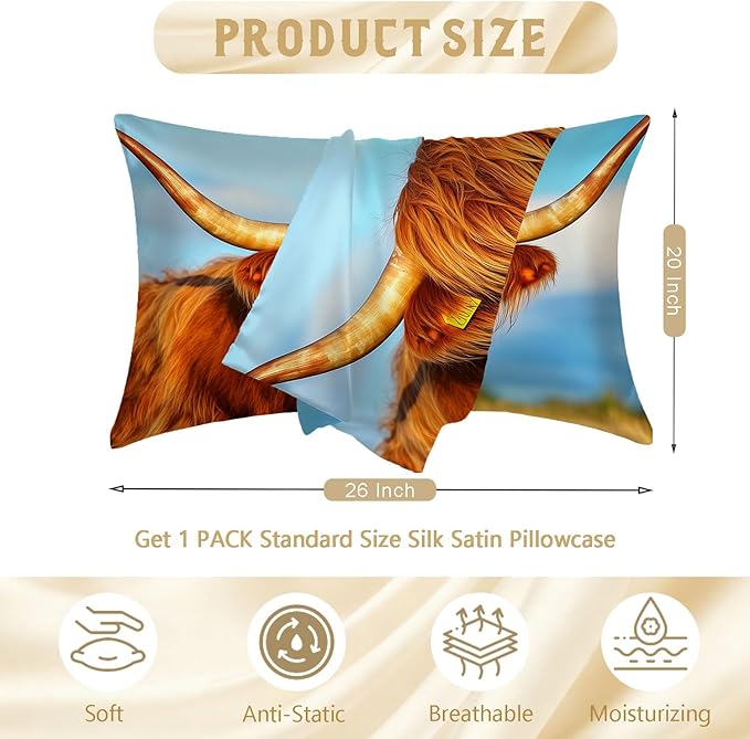 Satin Pillowcase with Zipper for Hair and Skin Farmhouse Highland Cow 1 Pack Soft Silk Pillow Case Standard Size Wrinkle-Free Smooth and Cooling Satin Pillow Cover 20”x26”