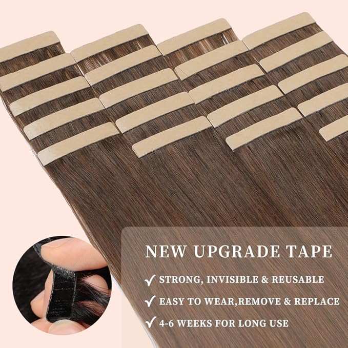 Tape in Hair Extensions Human Hair Chestnut Brown Mixed Dark Auburn Remy Hair Extensions 20pcs 14 Inch Straight Invisible Human Hair Tape in Extensions Skin Weft Tape Extensions (4/4/33#,14 Inch)