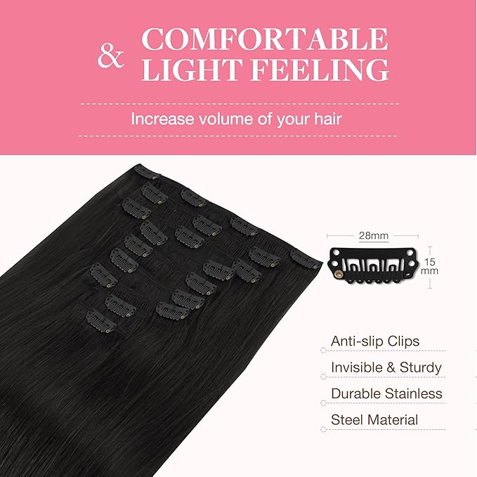 GOO GOO Clip in Hair Extensions Real Human Hair, Remy Human Hair Extensions Clip ins for Women, Natural Human Hair, 20inch 150g 9Pcs, 1B Natural black