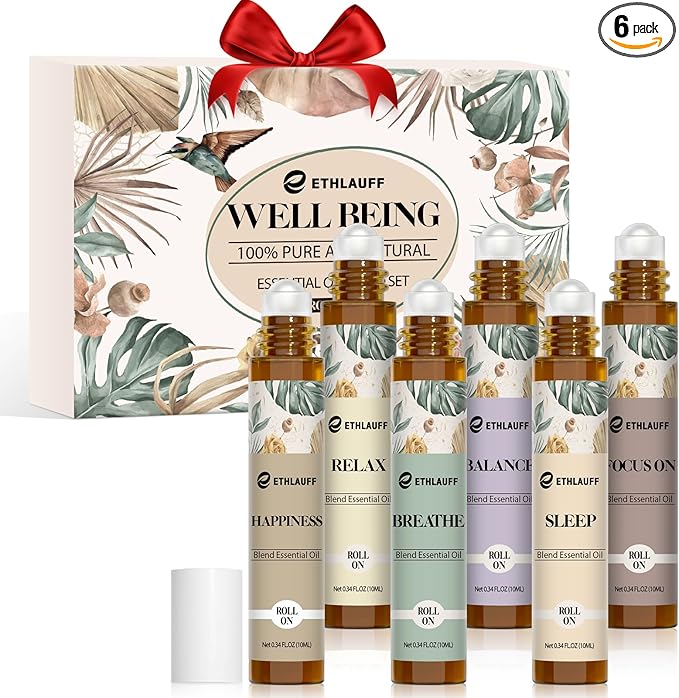 Essential Oils Roll On Set 6 Pack - (Relax, Sleep, Balance,Breathe, Focus on, Happiness) Aromatherapy Oil with Roller Ball, Essential Oils Blends for Skin - Relaxation Gift for Women and Men