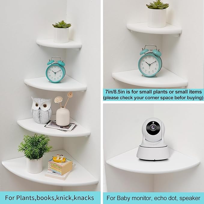 Corner Shelves, Floating Corner Shelf, Set of 2 Solid Oak Wood Wall Shelves, Round End Wall Mount with Wire Hole Shelving for Small Plant for Bedroom Kitchen, Living Room (White, 7.1in 2P)