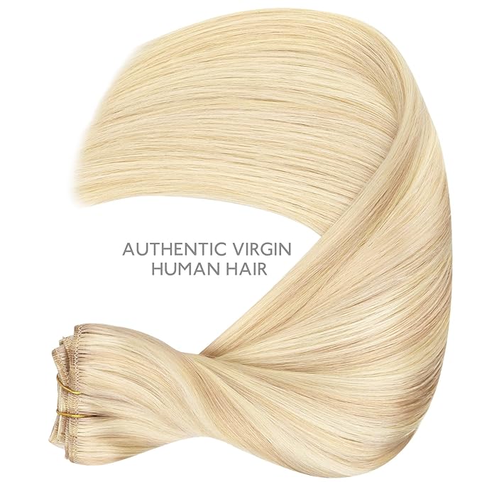WENNALIFE Clip in Hair Extensions, 150g 14 Inch 9pcs Balayage Light Wheat Platinum Blonde Remy Hair Thicker Double Weft Extensiones De Cabello Humano Con Clip Ins Straight Full Volume