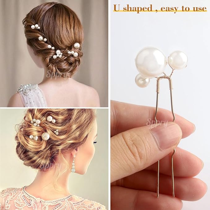 U Shaped Pearl Hair Pins for Wedding, Elegant Updo Hair Accessories for Bridal or Women, Set of 12 (Gold)