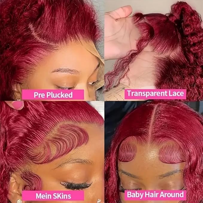 99J Burgundy 13x6 Lace Front Wigs Human Hair 28 Inch Red Burgundy Wig 200% Density Deep Wave Lace Front Wigs Human Hair Pre Plucked Glueless Lace Frontal Wigs for Women
