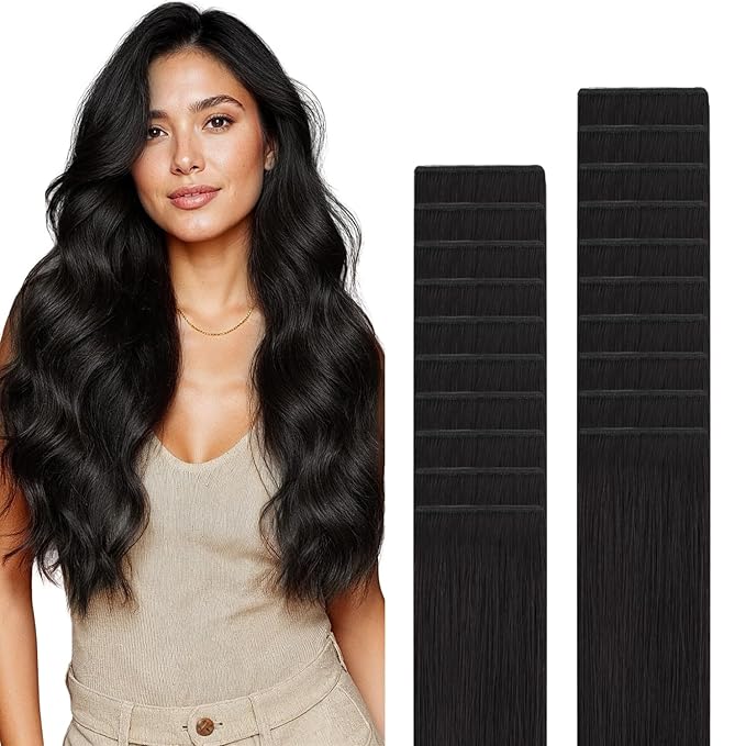GOO GOO Genius Tape in Hair Extensions, Hand Tied Tape Weft, 1B Natural black, 16inch 50g 20pcs, Remy Human Hair, Seamless Invisible Tape, Natural Blend, Lightweight