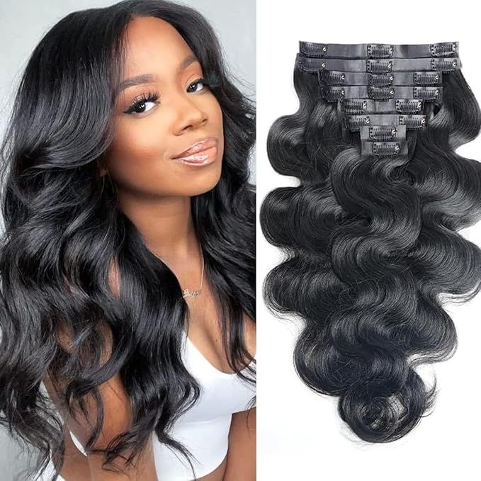 Seamless Clip in Hair Extensions Human Hair Body Wave Human Hair Clip in Extensions 8Pcs PU Clip ins Remy Hair for Women Invisible Skin Weft 18Clips 120g 14inch Natural Black